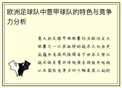 欧洲足球队中意甲球队的特色与竞争力分析